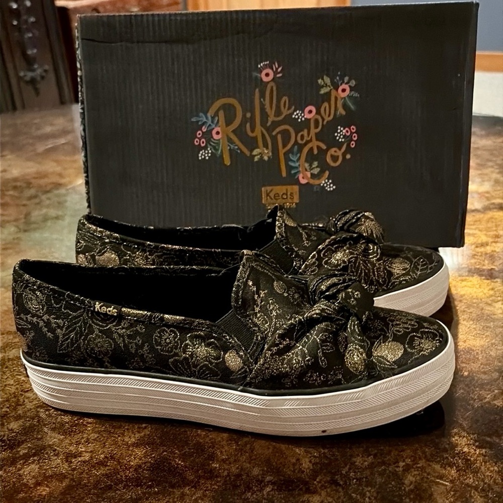 Rifle Paper Co. Keds Black &Gold Sneakers with Gold Floral Knot, Size 10